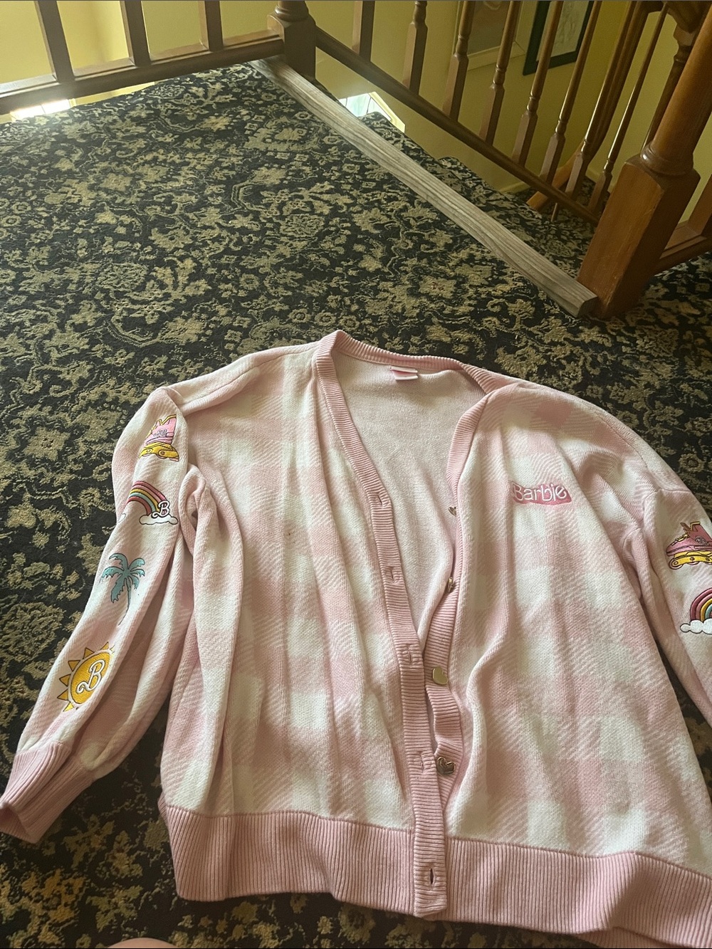 Barbie Pink and White Plaid Button-Up Cardigan with Sleeve Patches